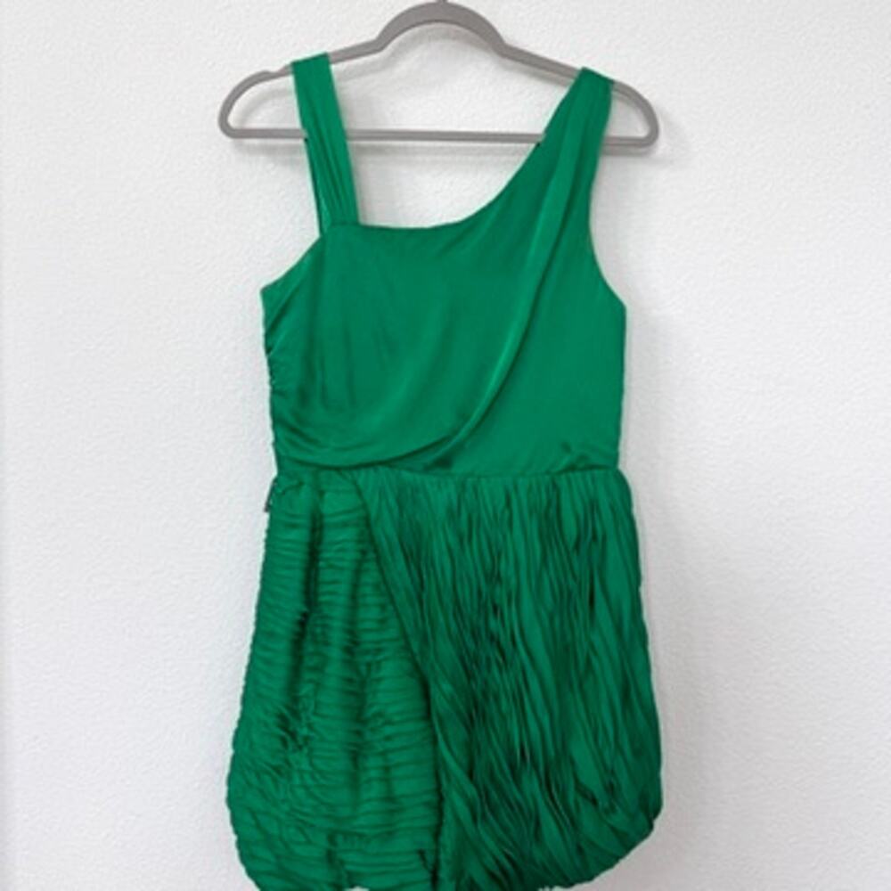 ALICE + OLIVIA Green Silk Dress Asymmetrical Strap Ruched Mini Party Dress S